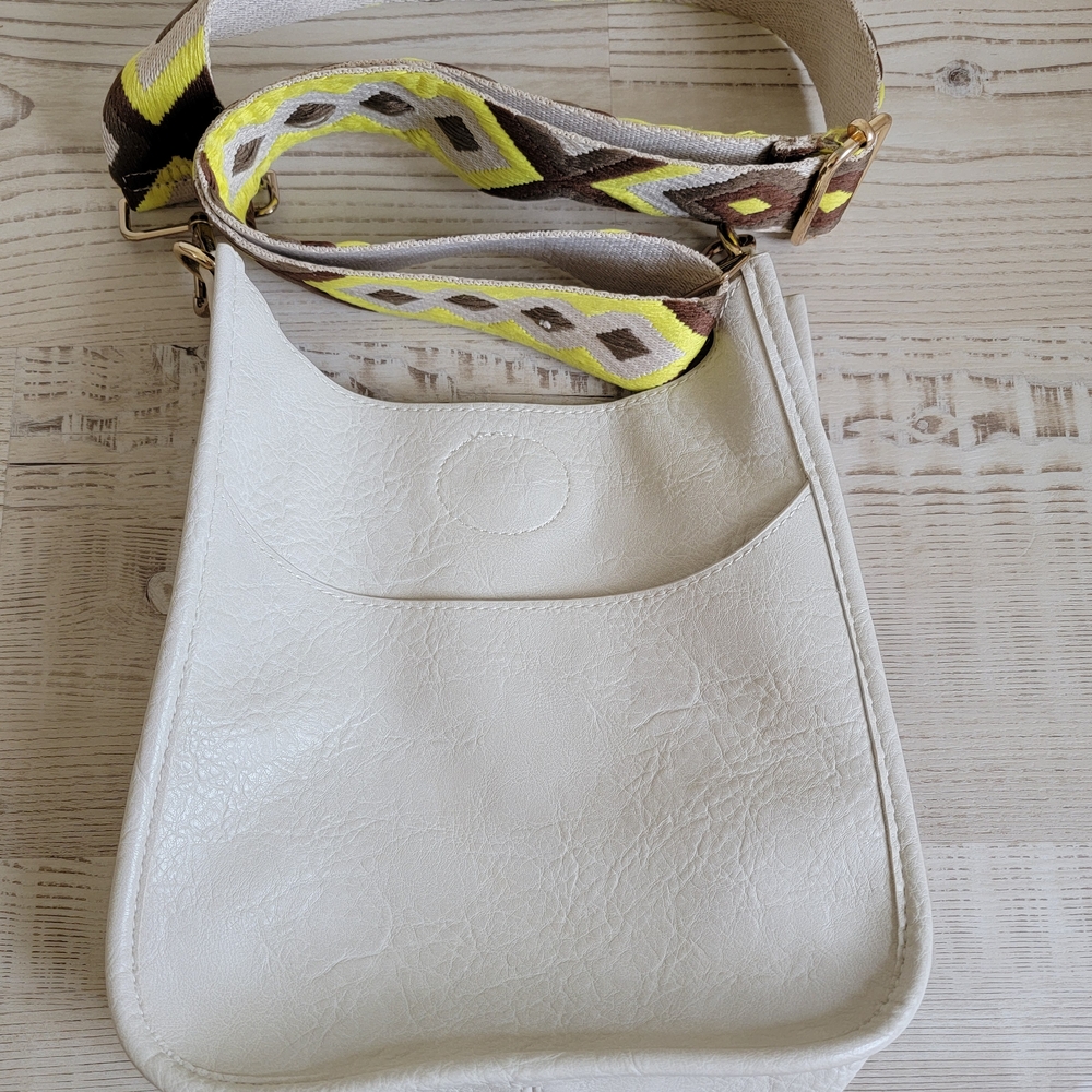 Ahdorned White Vegan Leather Crossbody Messenger Bag with Patterned Strap